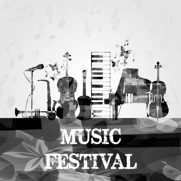 music instruments. Black and white microphone, piano, saxophone, trumpet, violoncello, contrabass and guitar isolated vector illustration design - Vector, Image