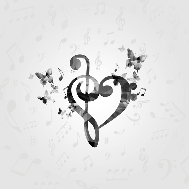 Fekete-fehér G-kulcsban szív zenei jegyzetek. Zene poszter zenei jegyzetek. Zenei elemek tervezése, a kártya, poszter, pályázati vektoros illusztráció - Vektor, kép