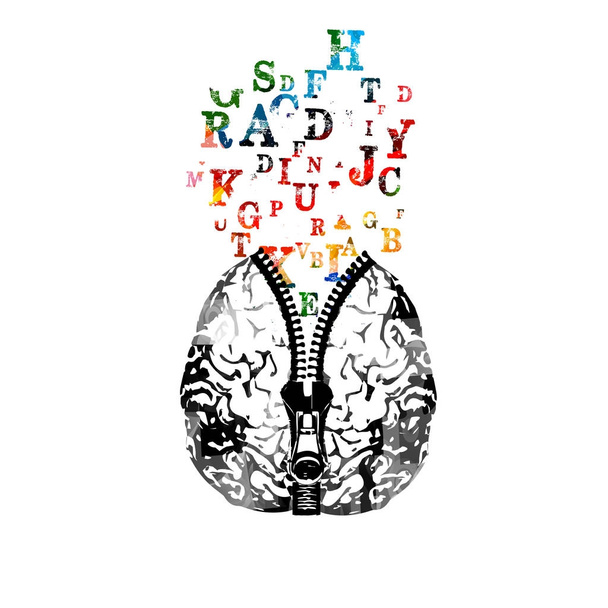 menschliches Gehirn mit Reißverschluss und bunten Buchstaben Vektor-Illustration. Kreativität Konzept, Bildungshintergrund - Vektor, Bild