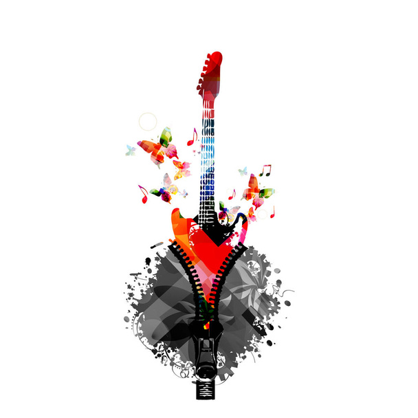 Musik buntes Design mit Gitarre. Musikinstrumentenvektorillustration. Gitarreninstrument mit Noten und Reißverschluss - Vektor, Bild