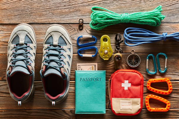 Travel items for hiking tourism, flat lay - Photo, Image