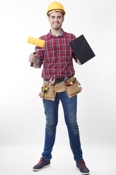 mason or construction worker isolated in white background, builder - Zdjęcie, obraz