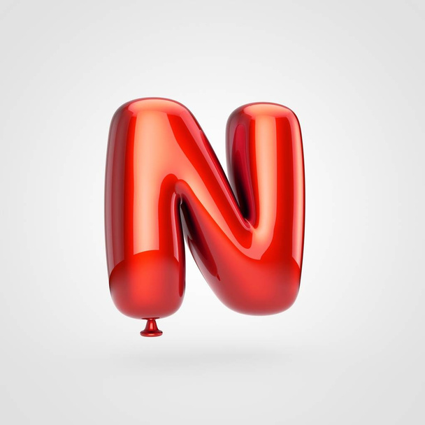 3d render of glossy red inflated font with glint on white background, balloon style uppercase letter N - Photo, Image