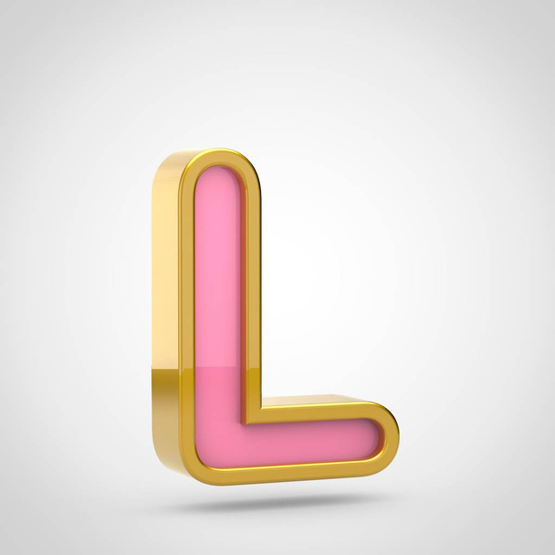 3d render of pink font with golden outline on white background, uppercase letter L - Photo, Image