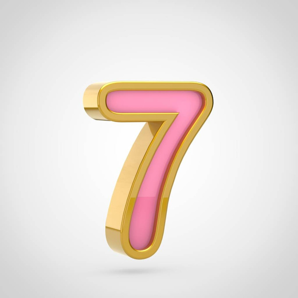 roze lettertype met gouden rand op witte achtergrond, 3d renderen van nummer 7 - Foto, afbeelding
