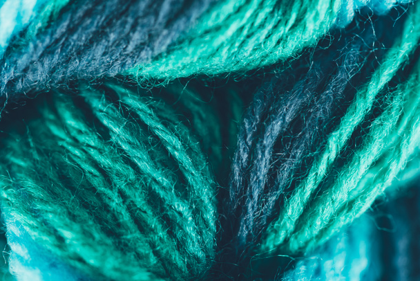 close up view of blue and green knitting yarn ball - Foto, imagen