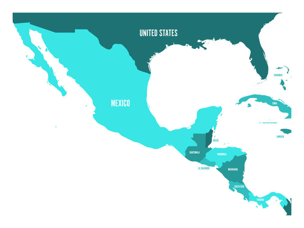 Orta Amerika ve Meksika siyasi harita dört turkuaz mavi tonlarında. Basit düz vektör çizim - Vektör, Görsel