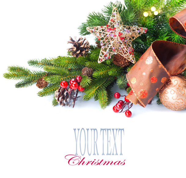 Karácsonyi dekoráció, fenyő ágak, fehér háttér, szöveg szóközzel - Fotó, kép