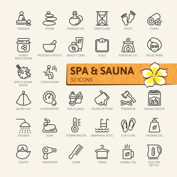 SPA et sauna, bain de vapeur - ensemble minimal d'icônes en toile mince. Aperçu de la collection d'icônes. Illustration vectorielle simple
. - Vecteur, image