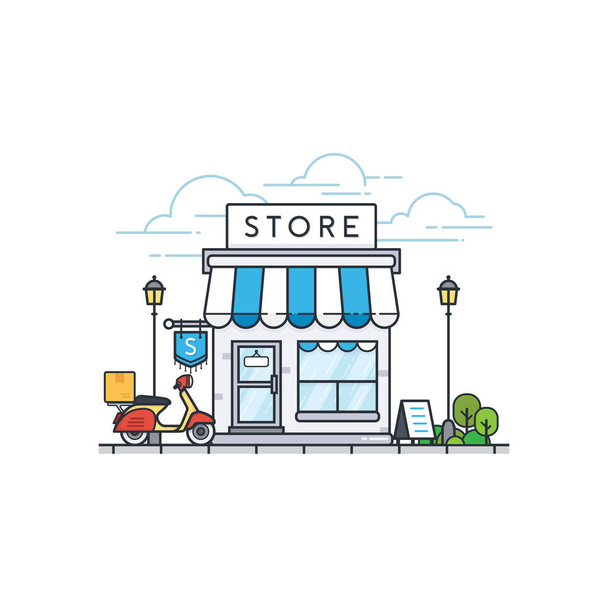 Edificio negozio online. Negozio anteriore e consegna scooter. Street locale negozio al dettaglio edificio. Illustrazione vettoriale
 - Vettoriali, immagini