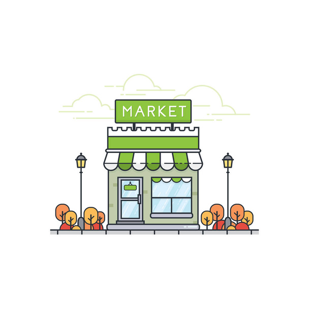 Shop and store in flat design style. Store building illustration. Grocery store facade. Flat design store front. Vector illustration - Vector, Image