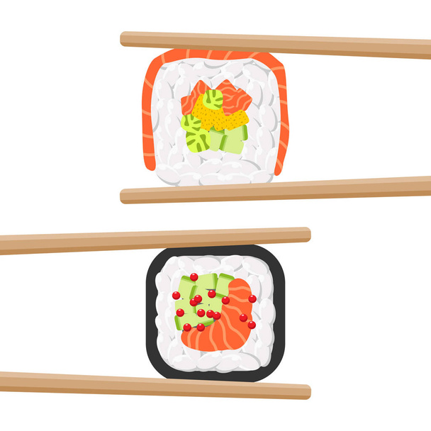 Set of yummy colored sushi rolls with chopsticks - Vector, Image