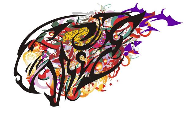 Roaring grunge flaming tiger head. Stylization of the growling tiger head with bright ornate elements - Vector, Image