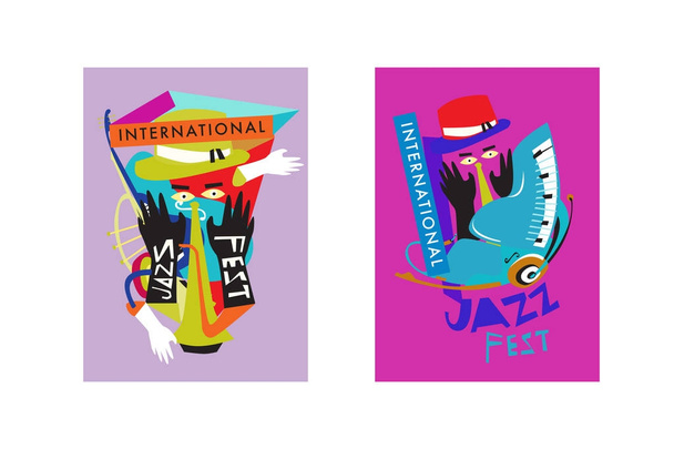 Festival international de jazz coloré. Musiciens, chanteurs et instruments de musique poster set plat vectoriel illustration. Modèle d'affiche pour événements de jazz et de musique
. - Vecteur, image