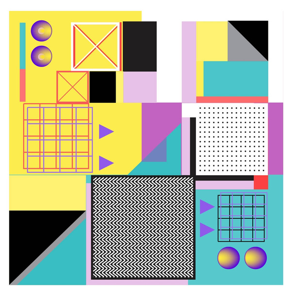 Trendy geometrische elementen memphis kleurrijke en gloeiende ontwerp. Retro jaren 90 stijl bitmappatroon, patroon en elementen. Sjabloon voor het ontwerp en dekking van moderne abstracte achtergrond - Vector, afbeelding