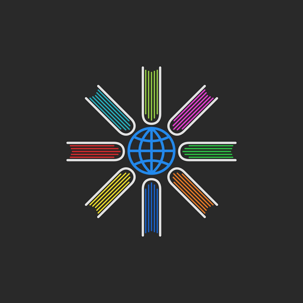 Logo books encyclopedia, libros multicolores ubicados en todo el mundo, un concepto de programa educativo global
. - Vector, imagen