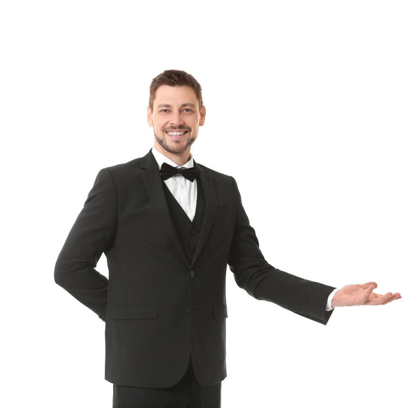 Handsome waiter on white background - Фото, изображение