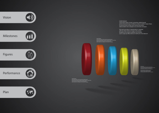3D Illustration Infografik Vorlage mit fünf Zylindern horizontal angeordnet - Vektor, Bild