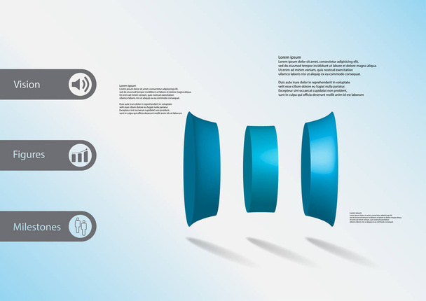 3D Illustration Infografik Vorlage mit drei verformten Zylindern horizontal angeordnet - Vektor, Bild