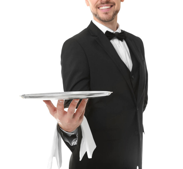 Waiter with metal tray on white background - Zdjęcie, obraz