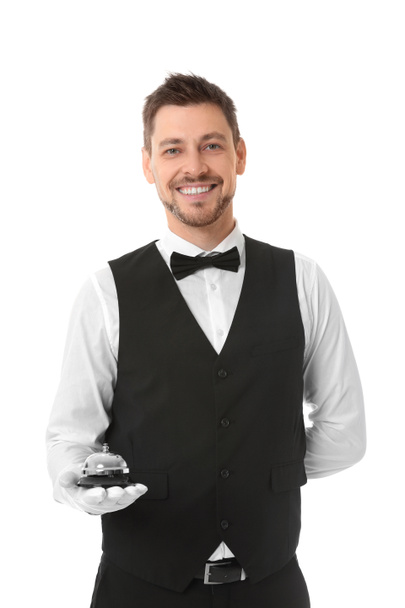 Waiter with service bell on white background - Foto, imagen