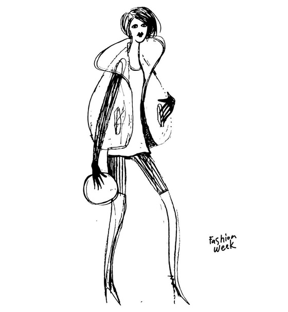 Moda Sketchbook desenvolvimento de design de moda. Esboço preto e branco de roupas. No esboço, uma linda garota caminha ao longo da passarela
.  - Vetor, Imagem