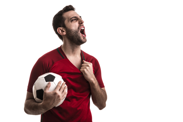 Soccer fan celebrating on white background - Foto, Imagen