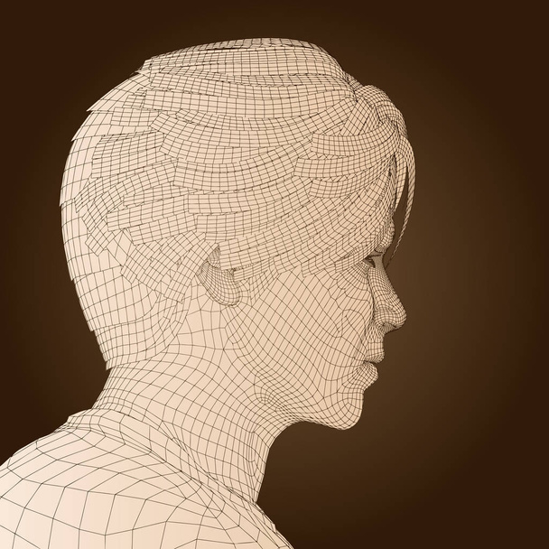 conceitual 3D wireframe de rosto humano jovem em fundo escuro
  - Foto, Imagem