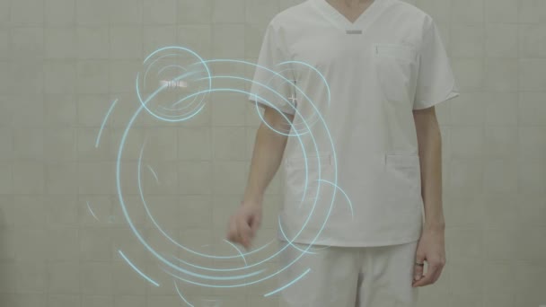 χέρι αγγίζει φουτουριστικό διασύνδεση με τον ιατρικό φάκελο εικονικού - ιατρική έννοια υγειονομικής περίθαλψης - Πλάνα, βίντεο