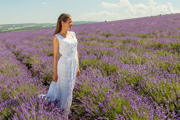 A girl is walking in a lavender field - Foto, Imagen