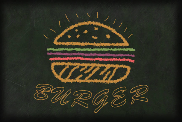 illustratie van een hamburger getekend met krijt op een schoolbord in verschillende kleuren met tekst eronder - Foto, afbeelding