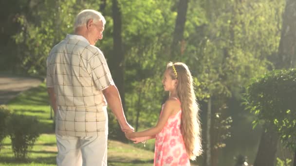 Großvater im Gespräch mit seiner Enkelin im Park. - Filmmaterial, Video