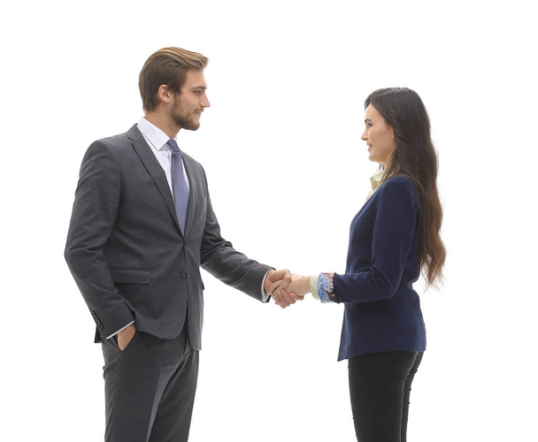 Full-length handshake, business partners, isolated on white back - Photo, image