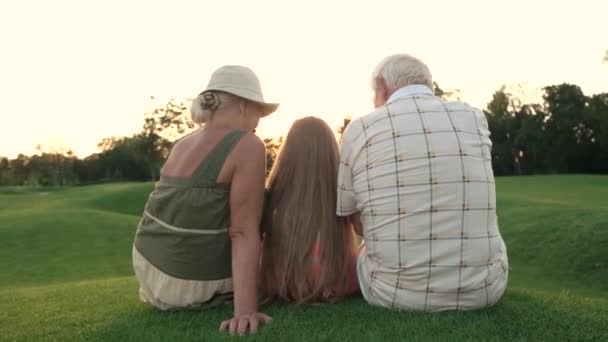 Grandparents with granddaughter sitting outdoors, back view. - Footage, Video