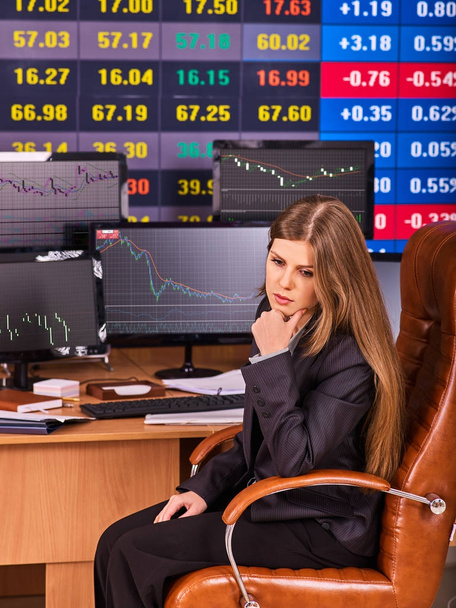 Stock exchange people. Trader woman sitting table surrounded by monitors. - Photo, Image