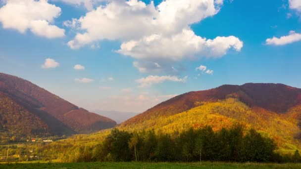 Herfst berglandschap met kleurrijke bomen, snel pluizige wolken en schaduwen. Timelapse. - Video