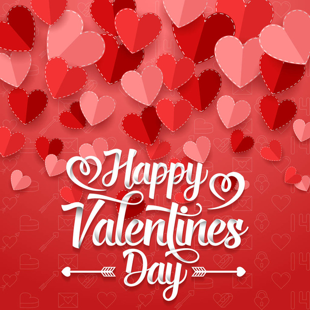 Happy valentines day with paper heart on red background  - Vector, imagen