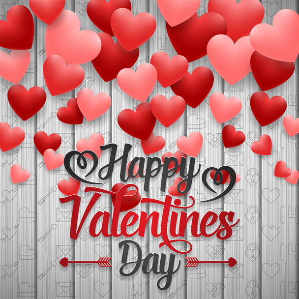 glücklicher Valentinstag mit roten Luftballons Herz auf Holz Hintergrund - Vektor, Bild