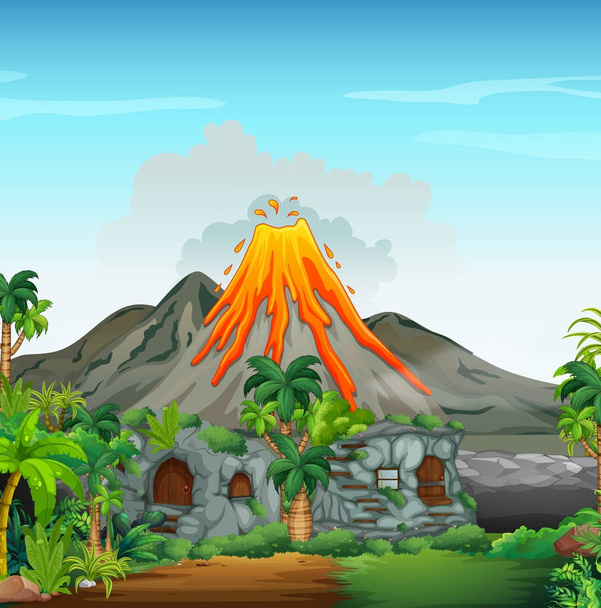 Scene with volcano and cavehouse - Vector, Image