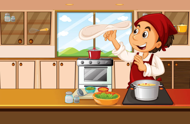 Chef cooking food in kitchen - Vector, Image