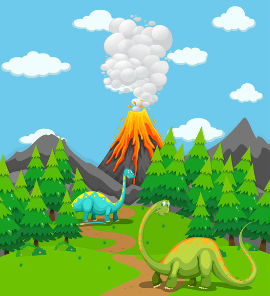 Dos dinosaurios y erupción volcánica
 - Vector, imagen