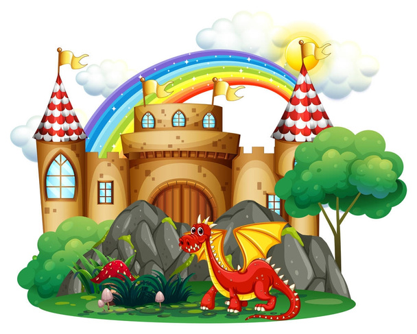 Красный дракон у башни замка
 - Вектор,изображение