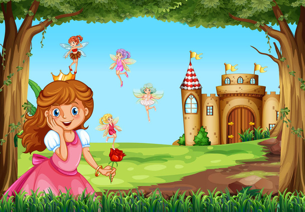 Linda princesa y hadas en el jardín
 - Vector, imagen