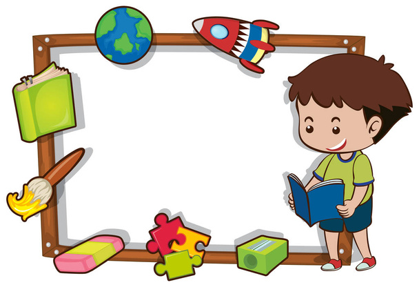 Šablona hranice s chlapec čtení knihy - Vektor, obrázek