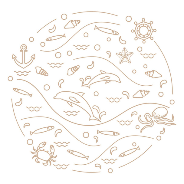 Cute vector illustration with dolphins, octopus, fish, anchor, h - Vetor, Imagem