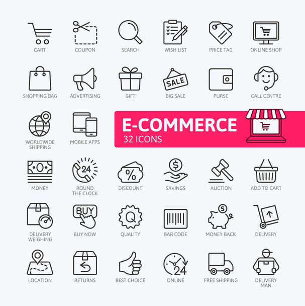 E-ticaret, online alışveriş ve teslim öğeleri - en az satır web Icon set ince. Anahat simgeleri koleksiyonu. Basit vektör çizim. - Vektör, Görsel