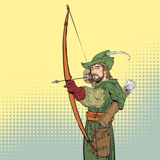 Robin Hood aiming on target. Robin Hood standing with bow and arrows. Defender of weak. Medieval legends. Heroes of medieval legends. Halftone background. - Vettoriali, immagini