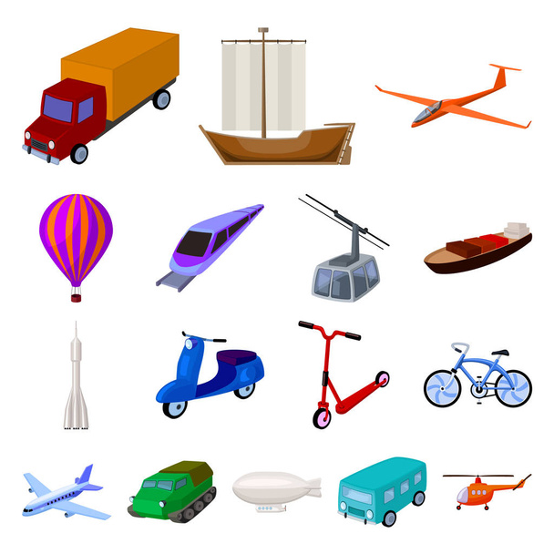 Různé typy dopravy karikatura ikony v nastavení kolekce pro design. Auto a loď symbol akcií webové vektorové ilustrace. - Vektor, obrázek