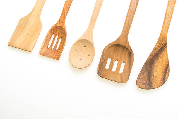 Wood utensils or kitchen ware isolated on white background - Photo, Image