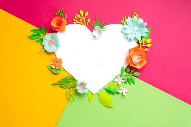 Greeting card with white heart and paper flowers. Cut from paper. - 写真・画像